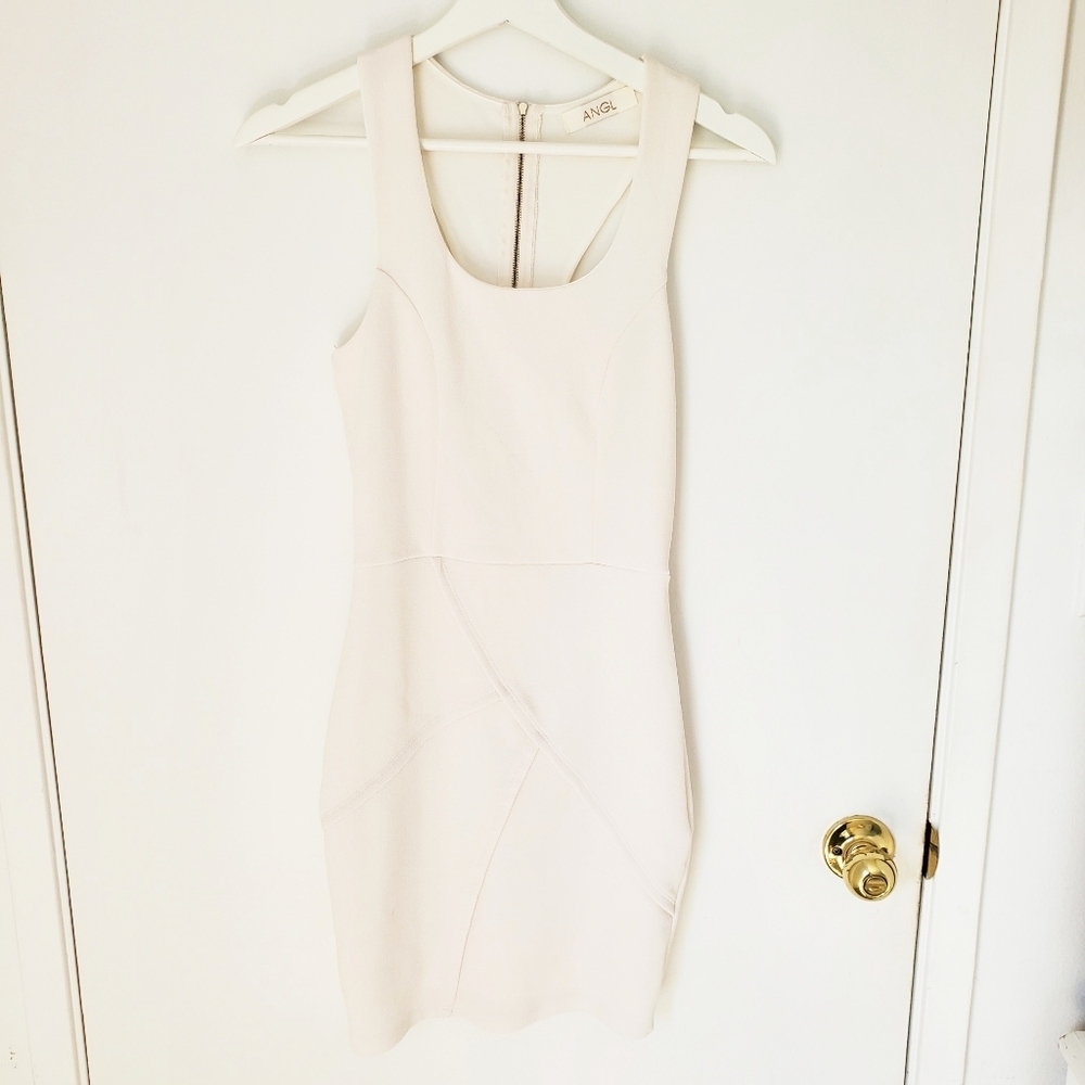 ANGL‎ bodycon Mini Dress off white small 90's Glamour Sleeveless Exposed Zipper